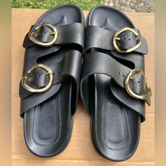 Zara Buckled Flat Leather Black Sandals Woman’s Size 9 - Picture 2 of 10